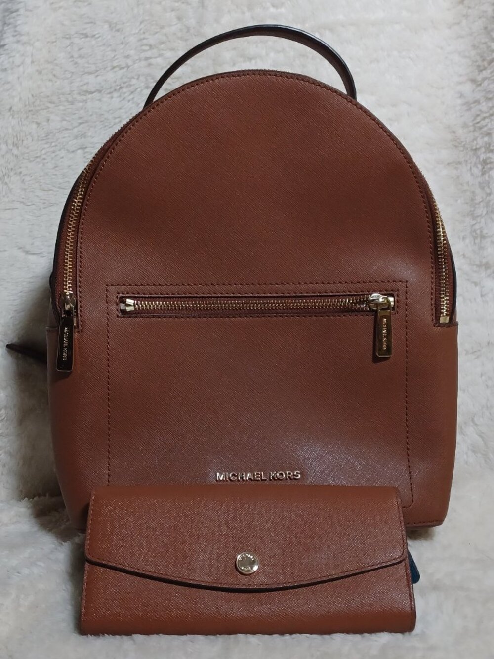 Michael Kors Jessa MD Brown Leather Backpack and Leather Continental Wallet